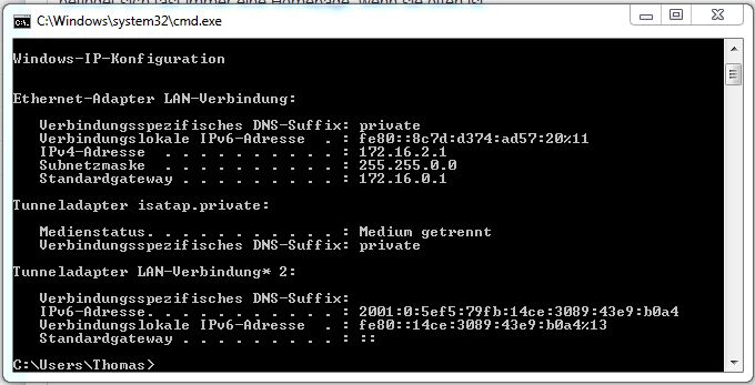 "ipconfig" in der Windows Eingabeaufforderung