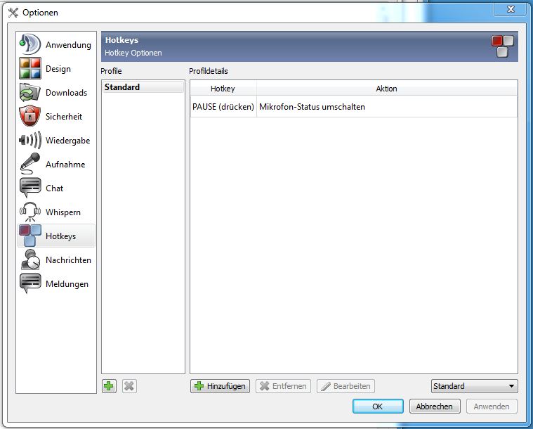 Die Hotkey Einstellungen für Teamspeak3