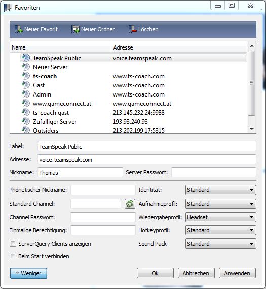 Teamspeak Favoriten