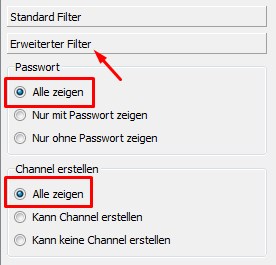 serverliste erweiterter filter