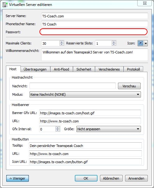 Teamspeak Virtuellen Server editieren