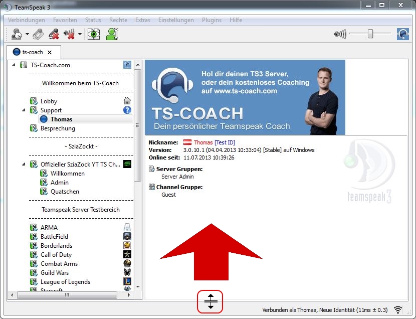 Teamspeak Chatbereich hochziehen